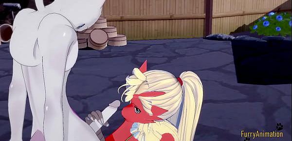 Pokemon Hentai Furry Yiff 3D - Blaziken blowjob and handjob with cum in her mouth to Mewtwo